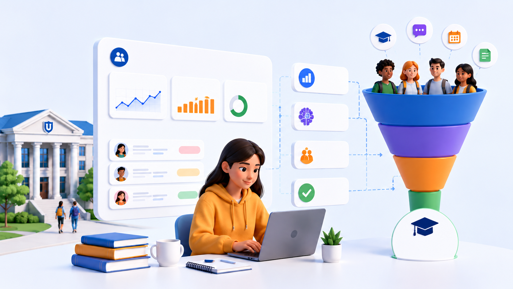 Illustration of a student using a laptop alongside student analytics dashboards, data-processing stages, and a student-support funnel, representing data-driven identification and support of at-risk students.