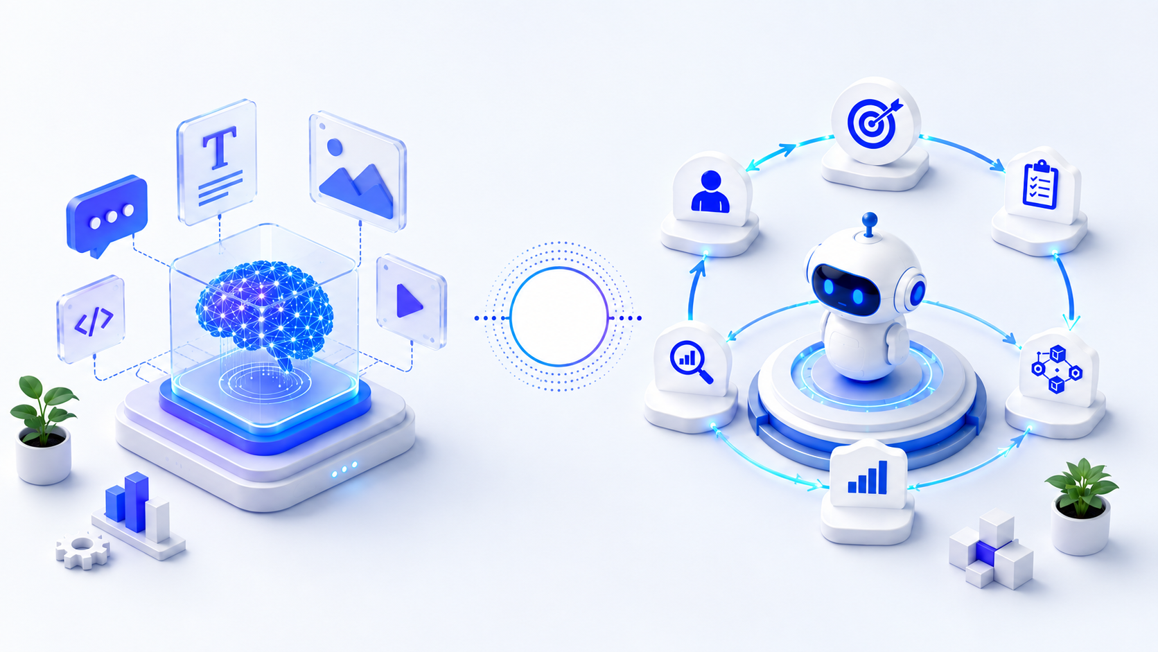 3D illustration showing a glowing AI brain connected to digital content icons on one side and a robot surrounded by a circular goal-oriented workflow with analytics, planning, and action symbols on the other.