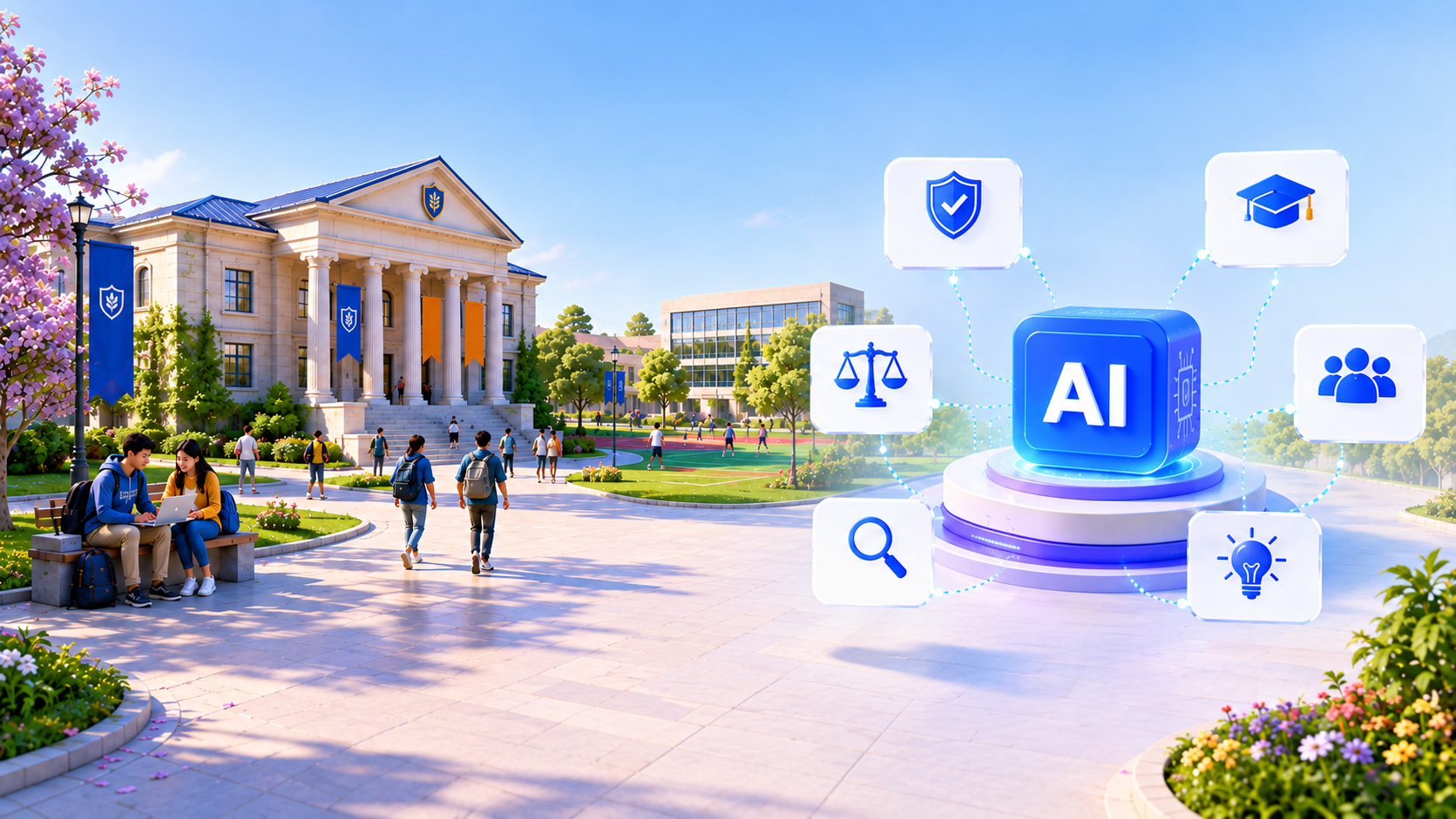 University campus scene with students and a glowing AI display surrounded by icons representing data security, academic integrity, fairness, human oversight, transparency, and responsible AI use.